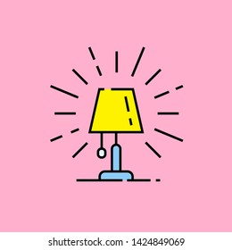 Table lamp line icon. Yellow lampshade light symbol isolated on pink background. Vector illustration.