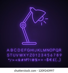 Table lamp neon light icon. Desk lamp. Glowing sign with alphabet, numbers and symbols. Vector isolated illustration