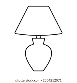 Table Lamp Outline Vector Illustration. A black and white vector illustration of a classic table lamp. The design features a wide lampshade at the top and a rounded vase-like base.