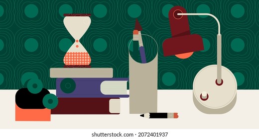 Table lamp, pen and brush holder, 
hourglass, and books composition. Painters supplies, stationery and sketchbooks. Artists stuff. Flat vector illustration isolated on white background