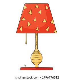 Una lámpara de mesa con una sombra roja. Dispositivo de iluminación eléctrica. Elemento de diseño con contorno. Doodle, dibujado a mano. Diseño plano. Ilustración del vector de color. Aislado sobre un fondo blanco