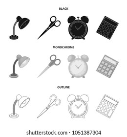 Table lamp, scissors, alarm clock, calculator. School and education set collection icons in black,monochrome,outline style vector symbol stock illustration web.