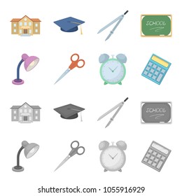 Table lamp, scissors, alarm clock, calculator. School and education set collection icons in cartoon,monochrome style vector symbol stock illustration web.