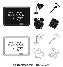 Table lamp, scissors, alarm clock, calculator. School and education set collection icons in black,outline style vector symbol stock illustration web.