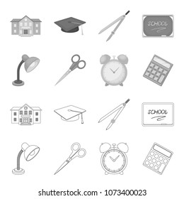 Table lamp, scissors, alarm clock, calculator. School and education set collection icons in outline,monochrome style vector symbol stock illustration web.