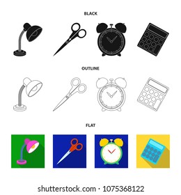 Table lamp, scissors, alarm clock, calculator. School and education set collection icons in black,flat,outline style vector symbol stock illustration web.