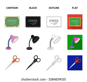 Table lamp, scissors, alarm clock, calculator. School and education set collection icons in cartoon,black,outline,flat style vector symbol stock illustration web.
