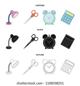 Table lamp, scissors, alarm clock, calculator. School and education set collection icons in cartoon,black,outline style vector symbol stock illustration web.