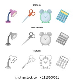 Table lamp, scissors, alarm clock, calculator. School and education set collection icons in cartoon,outline,monochrome style vector symbol stock illustration web.
