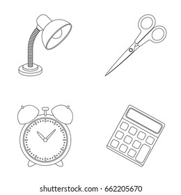 Table lamp, scissors, alarm clock, calculator. School and education set collection icons in outline style vector symbol stock illustration web.