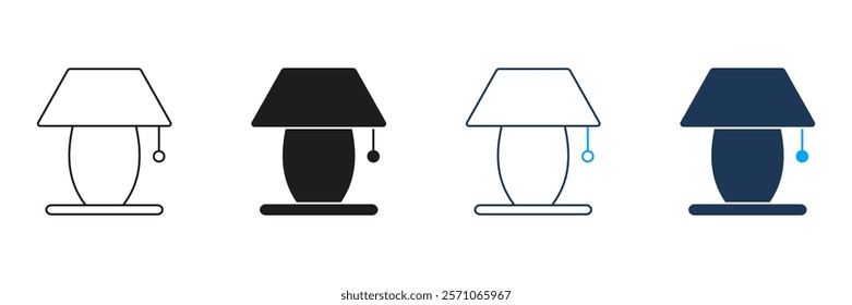 Table Lamp with Shade Line and Silhouette Icon Set. Bedside Lighting Symbol. Home Lighting with Switch. Editable Stroke. Isolated Vector Illustration.