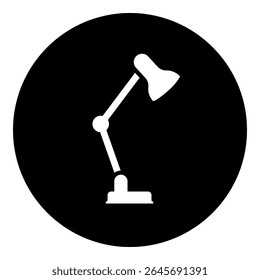 A table lamp symbol in the center. Isolated white symbol in black circle. Vector illustration on white background