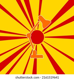 Table lamp symbol on a background of red flash explosion radial lines. The large orange symbol is located in the center of the sun, symbolizing the sunrise. Vector illustration on yellow background