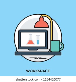 A table lamp, a tea mug and laptop screen having lab flask portraying scientific research freelancing