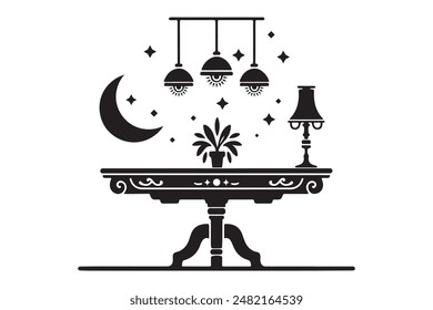 Table, Lamp, tree pot, silhouette vector isolated on a white background