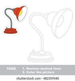 Table lamp in vector to be traced. Restore dashed line and color the picture. Tracing game for preschool children, easy game level.