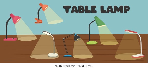 Vetor de lâmpada de mesa. Material escolar clip art. Estudando lâmpada. De volta à escola. Candeeiro de secretária. Clipart de equipamento de iluminação definido em estilo de desenho animado plano isolado no fundo de mesa de madeira.