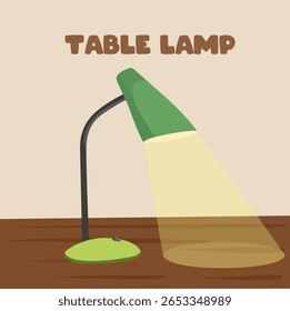 Vetor de lâmpada de mesa. Material escolar clip art. De volta à escola. Lâmpada de estudo. Candeeiro de secretária. Clipart de equipamento de iluminação definido em estilo de desenho animado plano isolado no fundo de mesa de madeira.