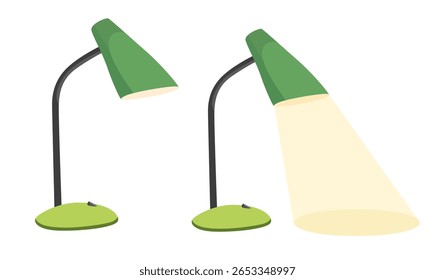 Vetor de lâmpada de mesa. Material escolar clip art. Estudando lâmpada. De volta à escola. Candeeiro de secretária. Clipart de equipamento de iluminação definido em estilo de desenho animado plano isolado no fundo branco.