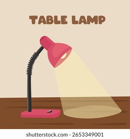 Vetor de lâmpada de mesa. Material escolar clip art. De volta à escola. Lâmpada de estudo. Candeeiro de secretária. Clipart de equipamento de iluminação definido em estilo de desenho animado plano isolado no fundo de mesa de madeira.