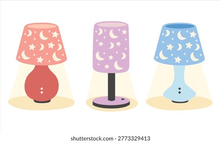 Table lamp vector set in flat cartoon style. Collection of colorful bedside lamps. Cozy bedroom lighting illustration isolated.