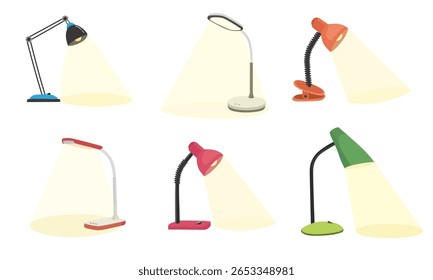 Vetor de lâmpada de mesa. Lâmpada de estudo. Material escolar clip art. De volta à escola. Candeeiro de secretária. Clipart de equipamento de iluminação definido em estilo de desenho animado plano isolado no fundo branco.