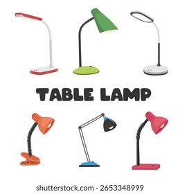 Vetor de lâmpada de mesa. Lâmpada de estudo. Material escolar clip art. De volta à escola. Candeeiro de secretária. Clipart de equipamento de iluminação definido em estilo de desenho animado plano isolado no fundo branco.