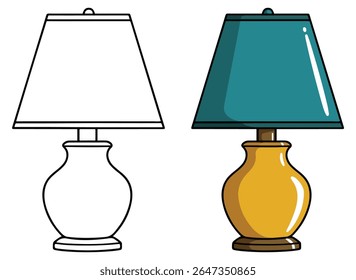 Table Lamp Vector – Yellow and Teal Classic Lamp with Outline Home Decor and Coloring Page Illustration
