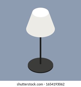 Table lamp with white round lampshade on black base. Vector isometric illustration. 3D flat style vector illustration.Table lamp in isometric isolated on blue grey background