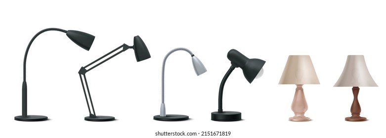 Lámparas de mesa, luz eléctrica de cabecera y escritorio. Conjunto vectorial realista de lámparas de escritorio 3d con bombilla, sombra y soporte redondo para el interior de oficina, dormitorio o salón aislado en fondo blanco