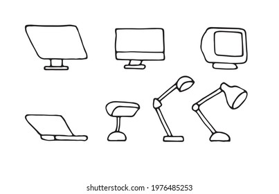 Table lamps, computers in Doodle style. Contouring technique. Vector EPS 10