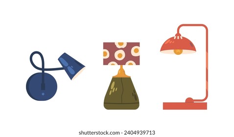 Table Lamps, Desk Light Bulbs and Torcheres of Modern Design with Colorful Shades. Electric Supplies for Home Decor
