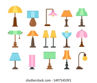 Table lamps. Flat icon set. Light fixtures. Home & office lighting. Interior design elements. Vector illustration. Isolated objects on white background