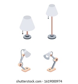 Table lamps, floor lamp, night light. Vector 3d isometric, color web icon, new flat style. Creative illustration design, idea for infographics.