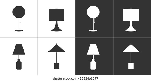 Table lamps. Four flat icons for graphic and web design. Black on a white background and white on a black background.