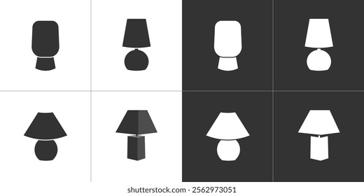 Table lamps. Four flat icons for graphic and web design. Black on a white background and white on a black background