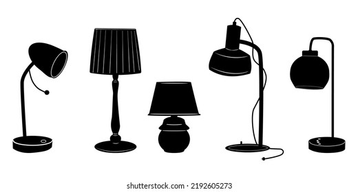 Table lamps icon set isolated on white. Lamp black silhouettes. Home, night, hotel or office desk lampshade. Desk bulb sign. Lighting devices symbol. Electric interior furniture. Vector illustration