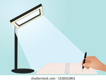 Table lamps illuminate notebook. vector