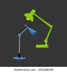 Table lamps on a dark background. Cartoon style. Flat vector illustration. A stream of light.