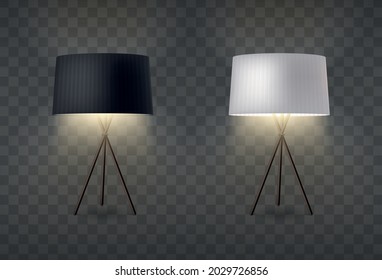 Table lamps realistic set with two turned on lanterns standing on tripod with black and white lampshades transparent vector illustration