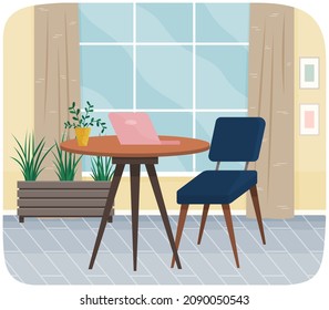 Table with laptop and chair in interior design of workplace. Modern workplace with furniture in apartment. Arrangement of furniture and equipment at place for working with technology at home