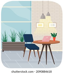 Table with laptop and chair in interior of workplace in apartment. Modern workplace interior with furniture. Arrangement of furniture and decorations at place for working with technology at home
