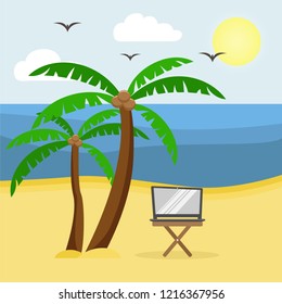 Table with laptop on the sandy beach with palm trees. Remote work, freelance. Vector illustration.