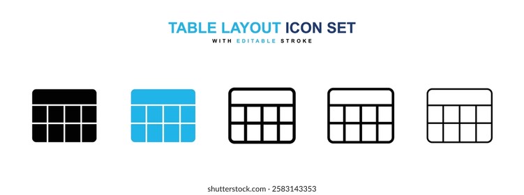 Table layout icons vector collection in black and blue colors on white background