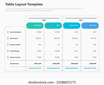 Table layout template with column year and a total amount row. Simple flat template for project data visualization.