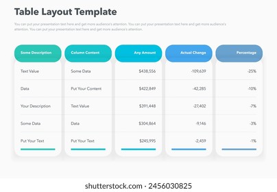 Table layout template with five colorful columns. Simple presentation template for data visualization.