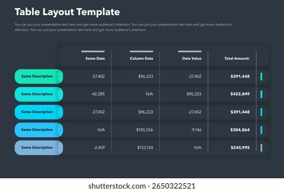 Modelo de layout de tabela com cinco opções e uma coluna de valor total - versão escura. Modelo simples simples para visualização de dados de projeto.