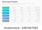 Table layout template with six colorful rows. Simple flat template for project data visualization.