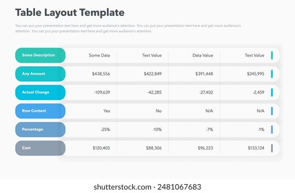 Table layout template with six colorful rows. Simple flat template for project data visualization.