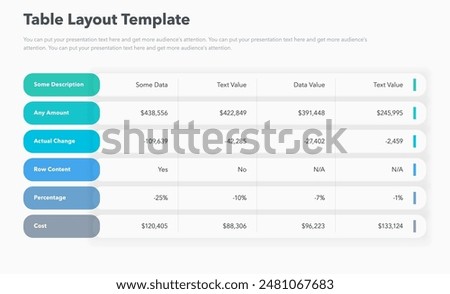 Table layout template with six colorful rows. Simple flat template for project data visualization.